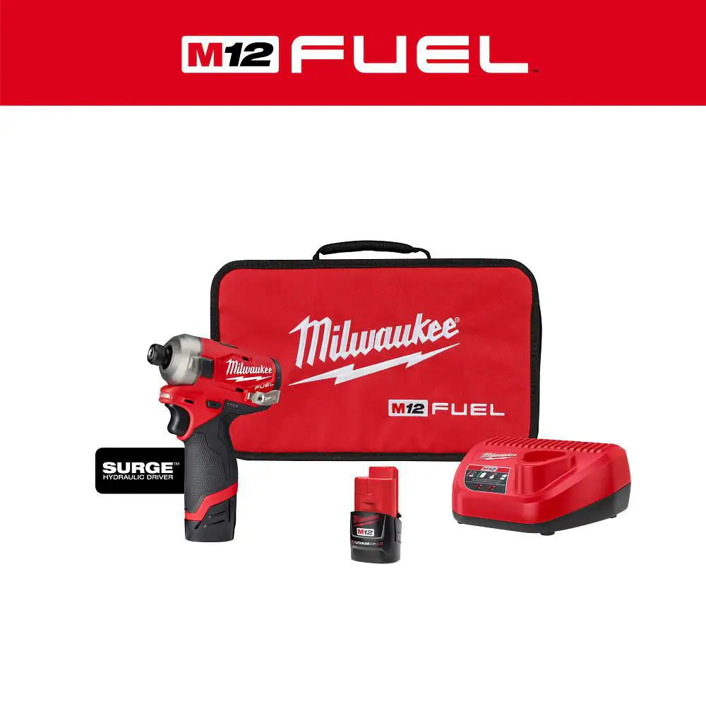 M12 FUEL SURGE 12V Lithium-Ion Brushless Cordless 1/4 In. Hex Impact Driver Compact Kit W/Two 2.0Ah Batteries, Bag