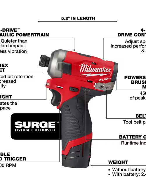 Load image into Gallery viewer, M12 FUEL SURGE 12V Lithium-Ion Brushless Cordless 1/4 In. Hex Impact Driver Compact Kit W/Two 2.0Ah Batteries, Bag
